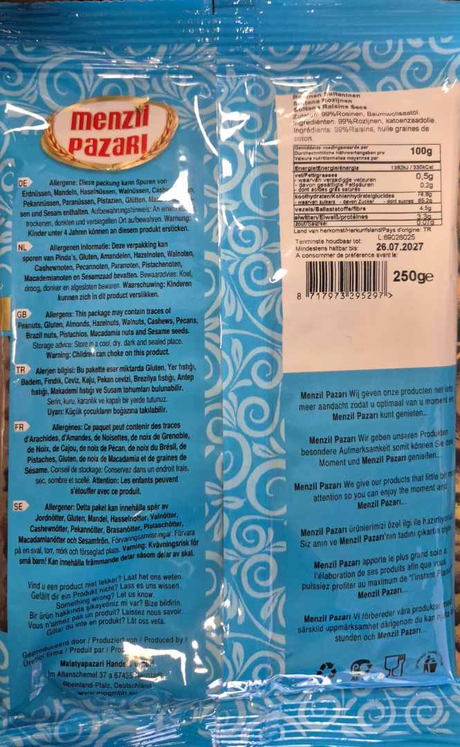 Visuel N°2 du produit rappelé : Raisins secs Sultana 250 g