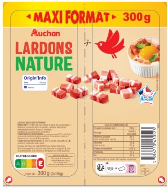 Visuel N°3 du produit rappelé : LARDONS NATURE VPF 2X100G AUCHAN / LARDONS NATURE VPF 2X150G AUCHAN / LARDONS FUMES VPF 2X100G AUCHAN / LARDONS FUMES VPF 2X150G AUCHAN