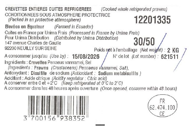 Visuel N°2 du produit rappelé : Crevettes roses cuites étal poissonnerie
