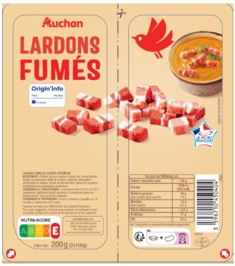 Visuel N°2 du produit rappelé : LARDONS NATURE VPF 2X100G AUCHAN / LARDONS NATURE VPF 2X150G AUCHAN / LARDONS FUMES VPF 2X100G AUCHAN / LARDONS FUMES VPF 2X150G AUCHAN