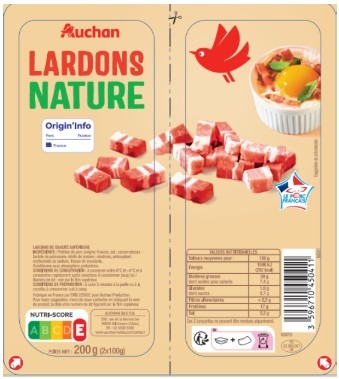 Visuel N°4 du produit rappelé : LARDONS NATURE VPF 2X100G AUCHAN / LARDONS NATURE VPF 2X150G AUCHAN / LARDONS FUMES VPF 2X100G AUCHAN / LARDONS FUMES VPF 2X150G AUCHAN