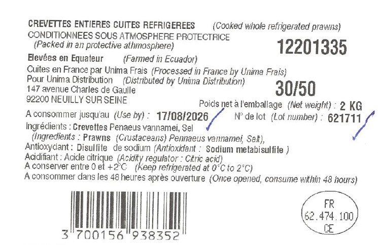 Visuel N°2 du produit rappelé : Crevettes entières cuites réfrigérées vrac origine Equateur 30/50