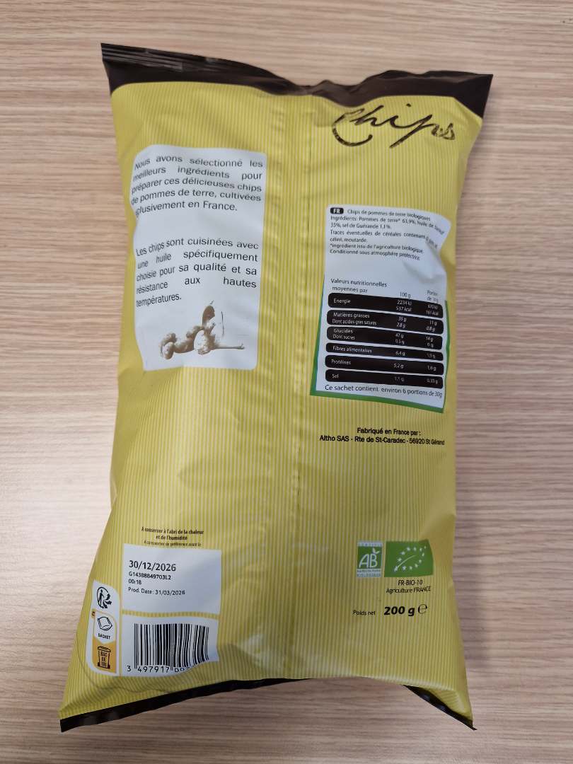 Visuel N°2 du produit rappelé : Chips de pommes de terre Bio 200g