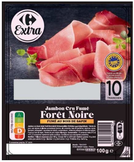 Rappel Consommateur - Détail Jambon cru fumé Forêt Noire Carrefour Extra