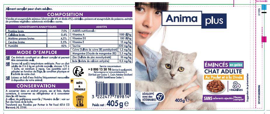 Emincés en gelée poulet dinde 405g anima plus