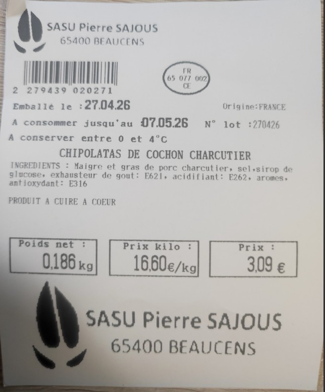 Visuel N°2 du produit rappelé : Chipolatas de cochon charcutier