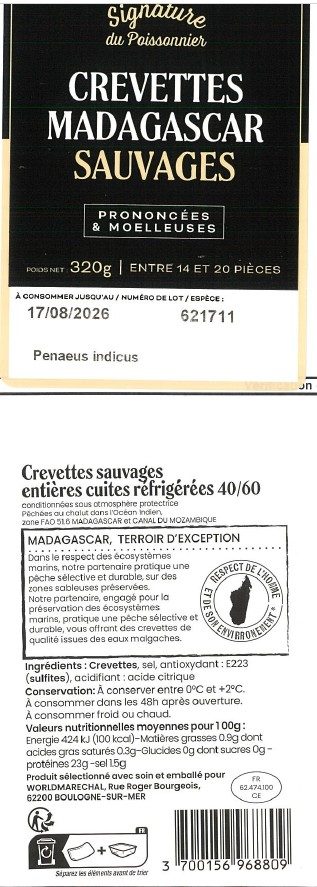 Visuel N°3 du produit rappelé : Crevettes entières cuites réfrigérées élevage 40/60 Mada 300g et sauvage FAO 51.6 320g 