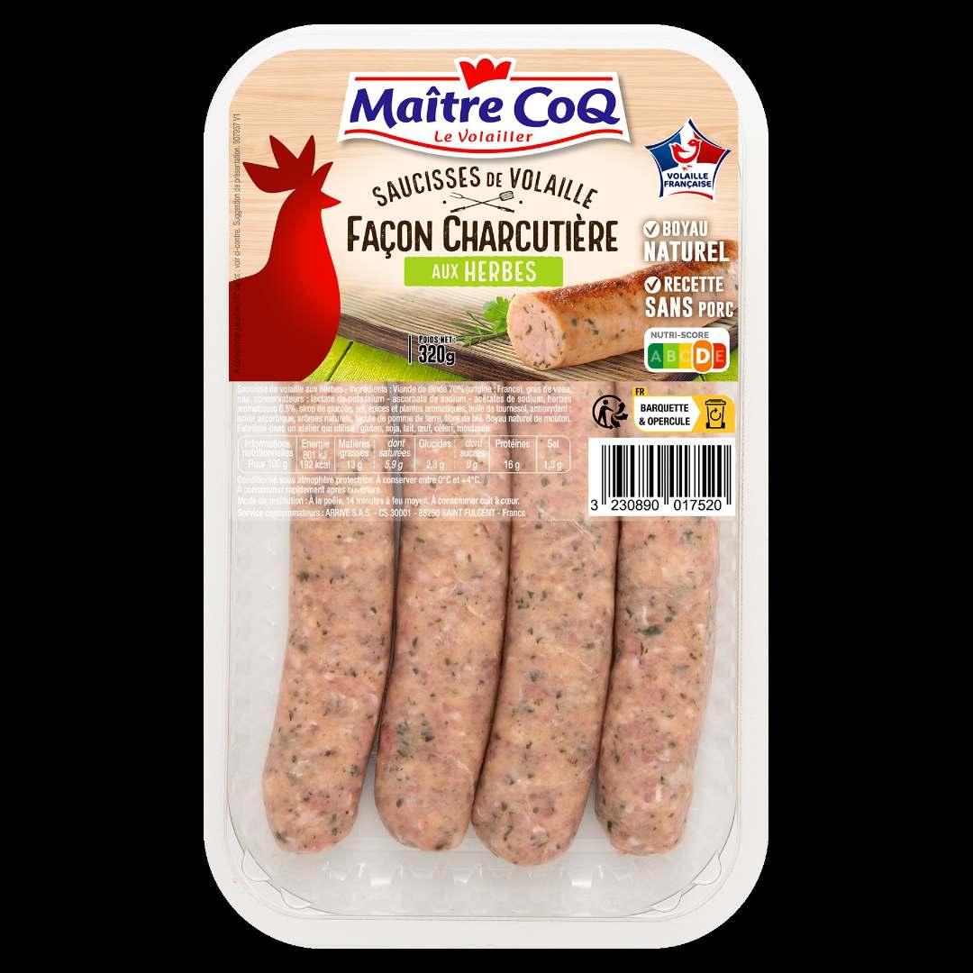 Illustration produit - Saucisse de volaille façon charcutière nature / herbes / me…