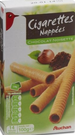Rappel Consommateur - Détail AUCHAN CIGARETTES NAPPÉES CHOCOLAT NOISETTE  100G AUCHAN
