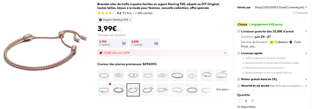 Illustration produit - Bracelet ailes de trèfle à quatre feuilles en argent sterli…
