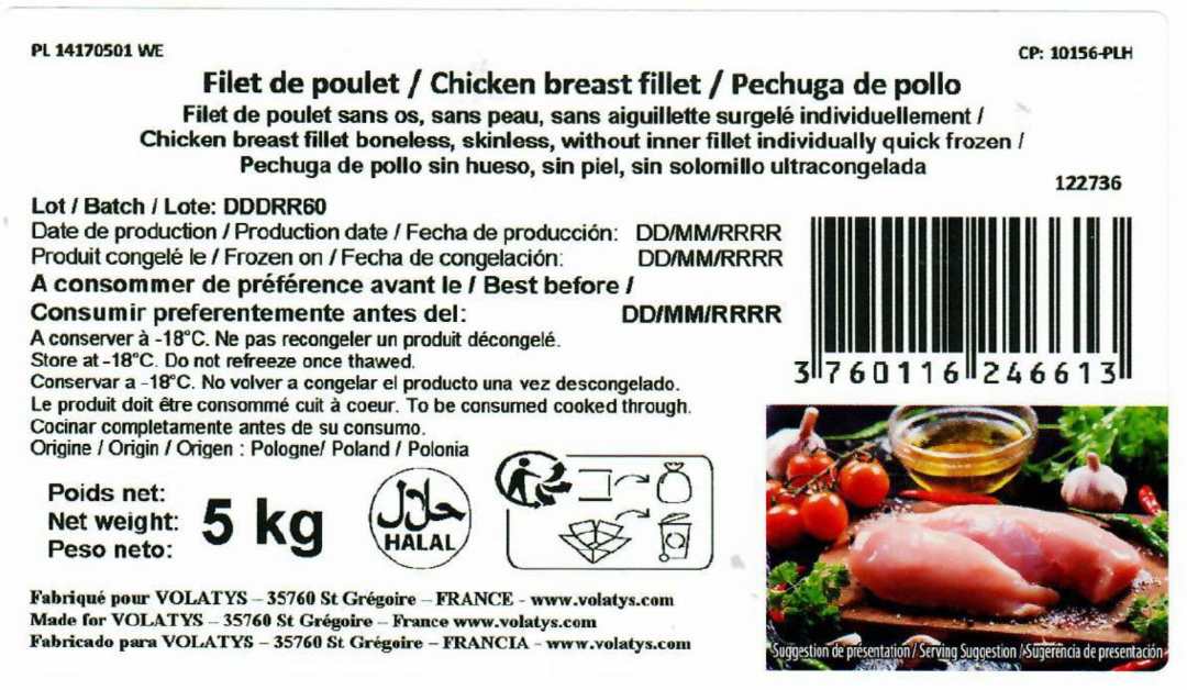 Visuel N°2 du produit rappelé : Filet de poulet sans aiguillette, sans peau, sans os Surgelé individuellement 