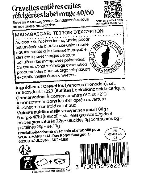 Visuel N°2 du produit rappelé : Crevettes entières cuites réfrigérées élevage 40/60 Mada 300g et sauvage FAO 51.6 320g 