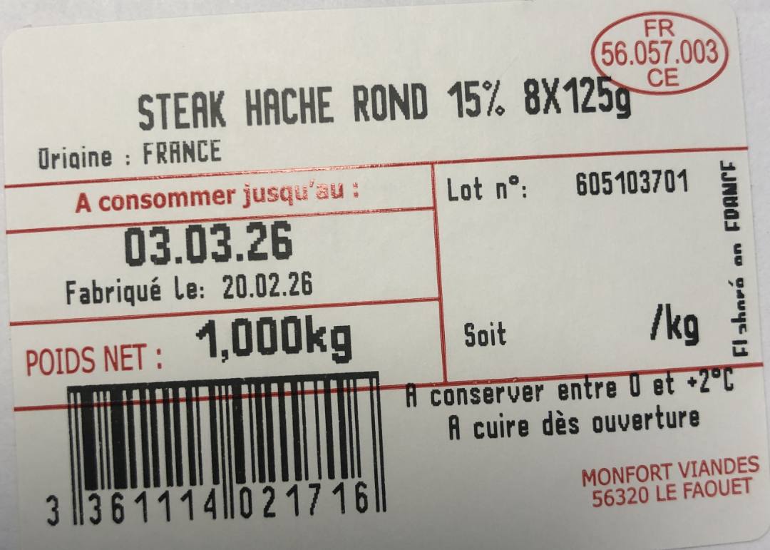Visuel N°2 du produit rappelé : Steak haché rond 15% Valtero bretagne